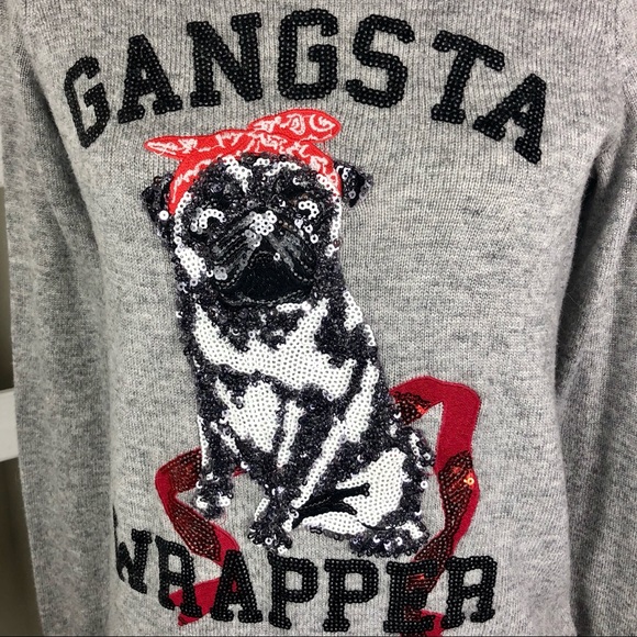 H&M Gangasta Wrapper Sequin Pug Ugly Xmas Sweater - Picture 2 of 10